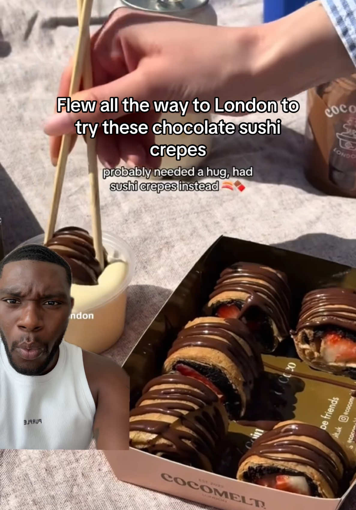 A post by @tyshonlawrence on TikTok caption: Flew all the way to London to try these chocolate sushi crepes at this place called cocomelt and y’all…