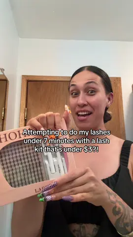 A post by @mooyahyah on TikTok caption: My honest thoughts:  only $3 for the whole kit is such a deal!!!  If you have naturally curly lashes this may not work for you  I prefer black glue over white/clear glue but nothing a lil black mascara can’t fix  The band is longer than I’m used to so to make them look good on my eye shape I just have to overlap or cut them in half  Now time to try and beat 4 minutes and 44 seconds 🥳🥳