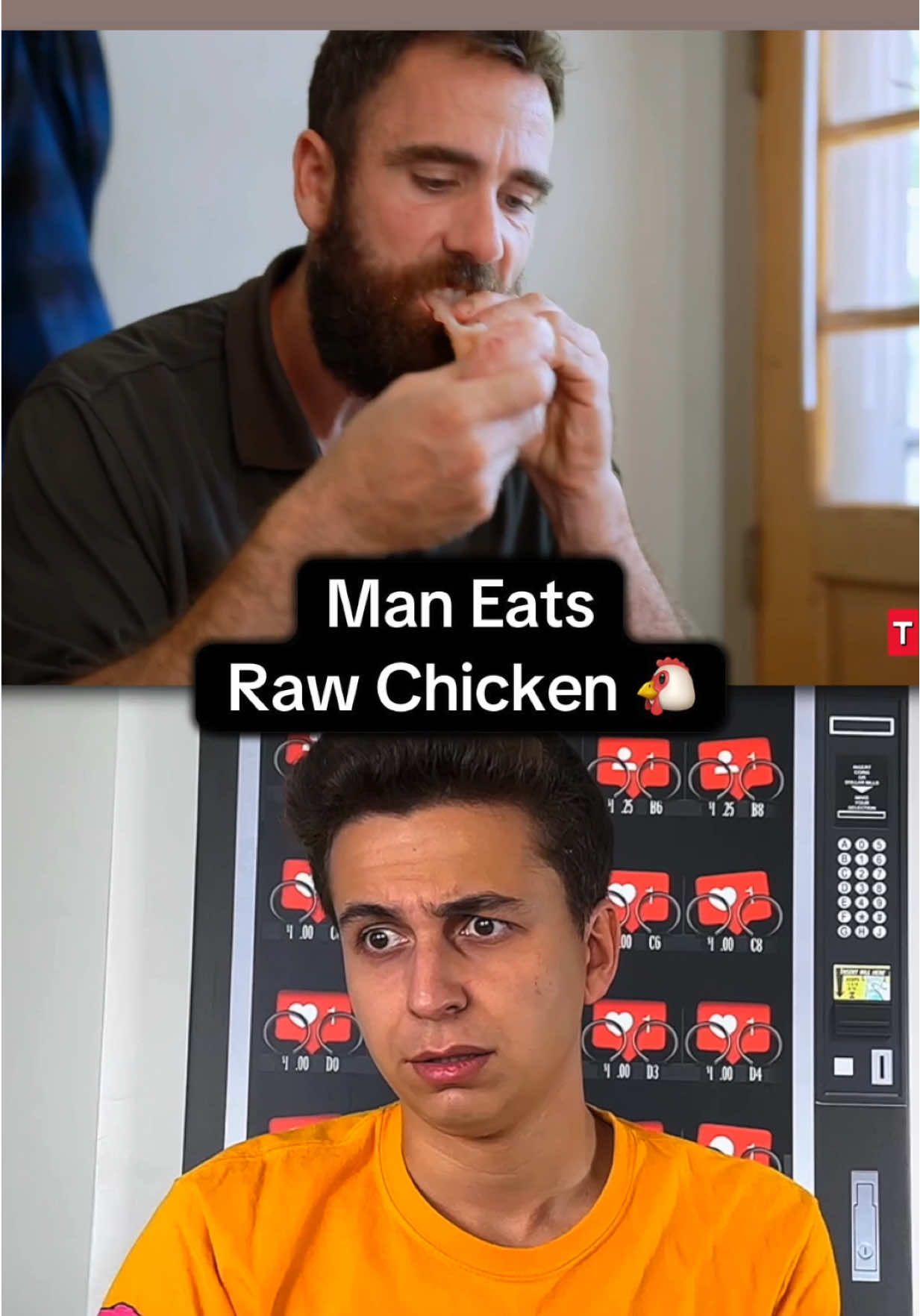 A post by @gabe on TikTok caption: Man Eats Raw Chicken 🐔😳