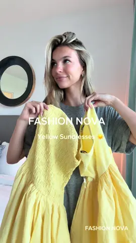 A post by @graceboor_ on TikTok caption: It’s sundress season 💛☀️ @Fashion Nova  - - - 🔎 Pretty In My Strapless Romper Butter Yellow 🔎 Madeline Poplin Bubble Midi Dress 