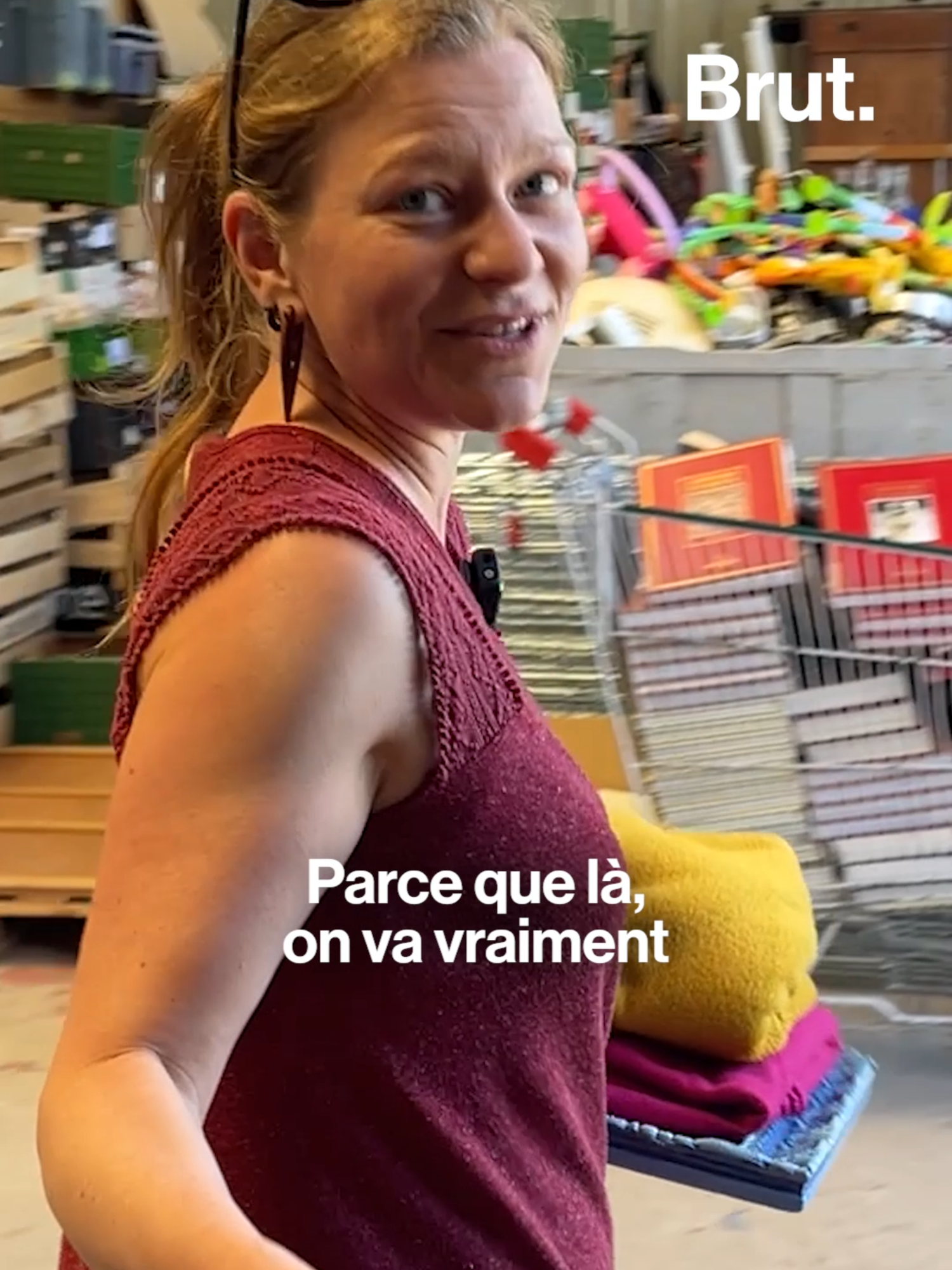 A post by @brutofficiel on TikTok caption: Au volant de sa camionnette, Marianne sillonne les routes de Bretagne en tractant sa brocante ambulante, installée dans une tiny house. À l'intérieur, c'est un peu la caverne d'Ali Baba. Bouées, outils de jardinage, jouets, vêtements, vaisselle... Tous ces objets de seconde main viennent d'une ressourcerie et permettent aux budgets modestes de se faire plaisir à petit prix. Brut l'a accompagnée dans sa tournée.