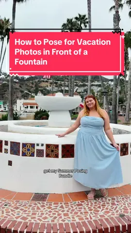 A post by @lookgoodinphotos on TikTok caption: HOW TO POSE IN FRONT OF A FOUNTAIN 📸 Posing for vacation photos in front of a fountain? Follow these tips… ❌ DON’T ❌ Stand directly in front of the fountain with your arms by your side. Not only are you blocking the fountain, but the pose isn’t really doing anything! ✅ DO ✅ Step to the side of the fountain, and rest your arm on it. Shift your weight to one leg to lend your photo a sense of movement. - #poseideas #howtopose #vacationposes How to pose for vacation photos. How to pose for tourist photos. How to pose with a fountain. Easy pose ideas. Vacation pose idea.