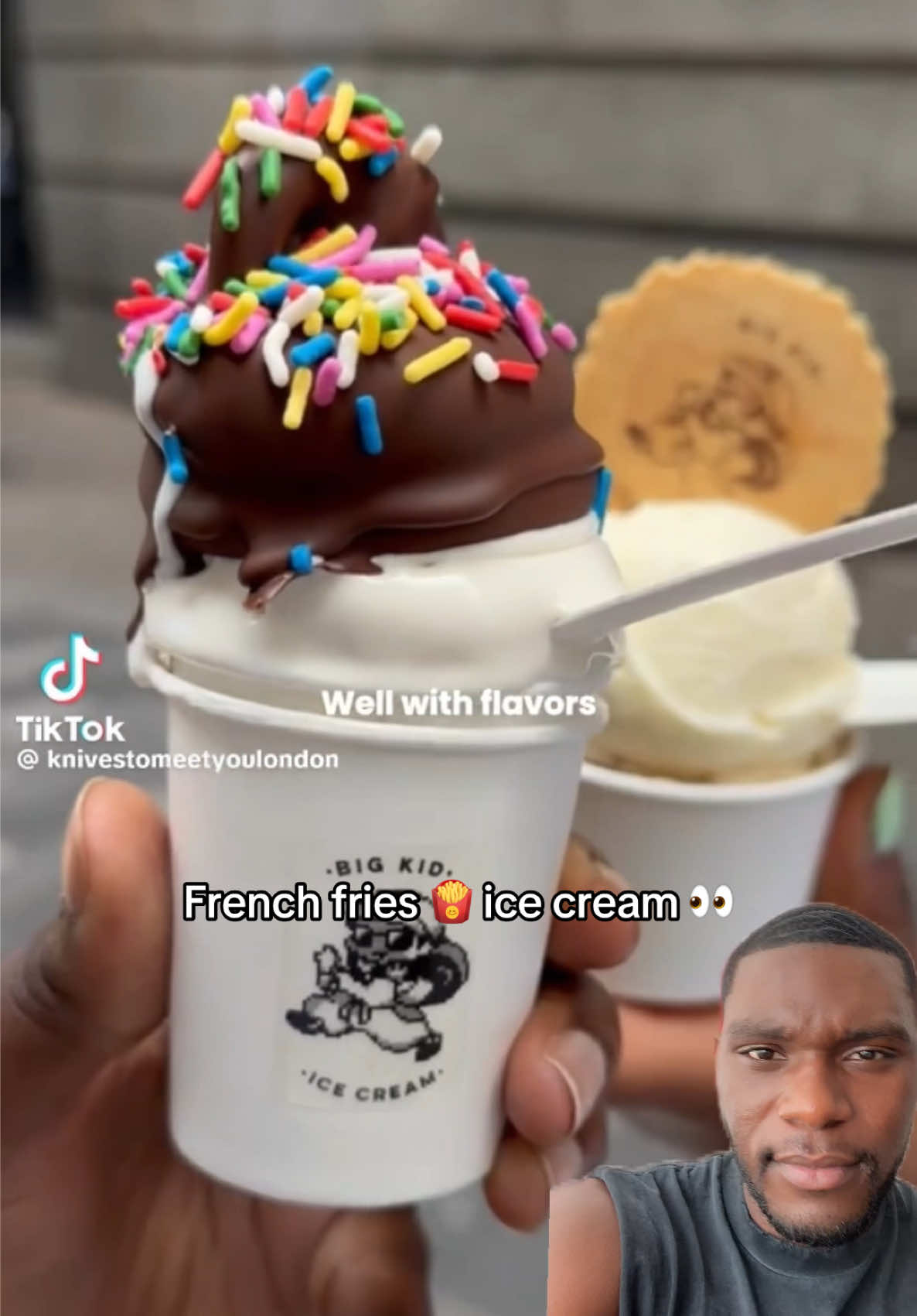 A post by @tyshonlawrence on TikTok caption: I heard that this place in London called big kid ice cream sells French fries icream and y’all know I had to try it…..
