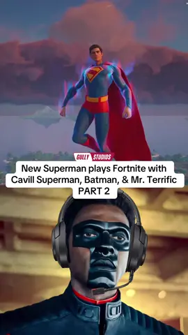 A post by @gullystudios on TikTok caption: New Superman plays Fortnite with Cavill Superman, Batman, & Mister Terrific PART 2 #superman #dc #dccomics #dcu #dcuniverse #dceu #supermanedit #superman2025 #batman #batmanedit #brucewayne #clarkkent #batmanmemes #krypto #justiceleague #mrterrific #fortnite #fortniteclips #fortniteskins #fortnitebr #fortnitebattleroyale #fortnitememes #gaming 