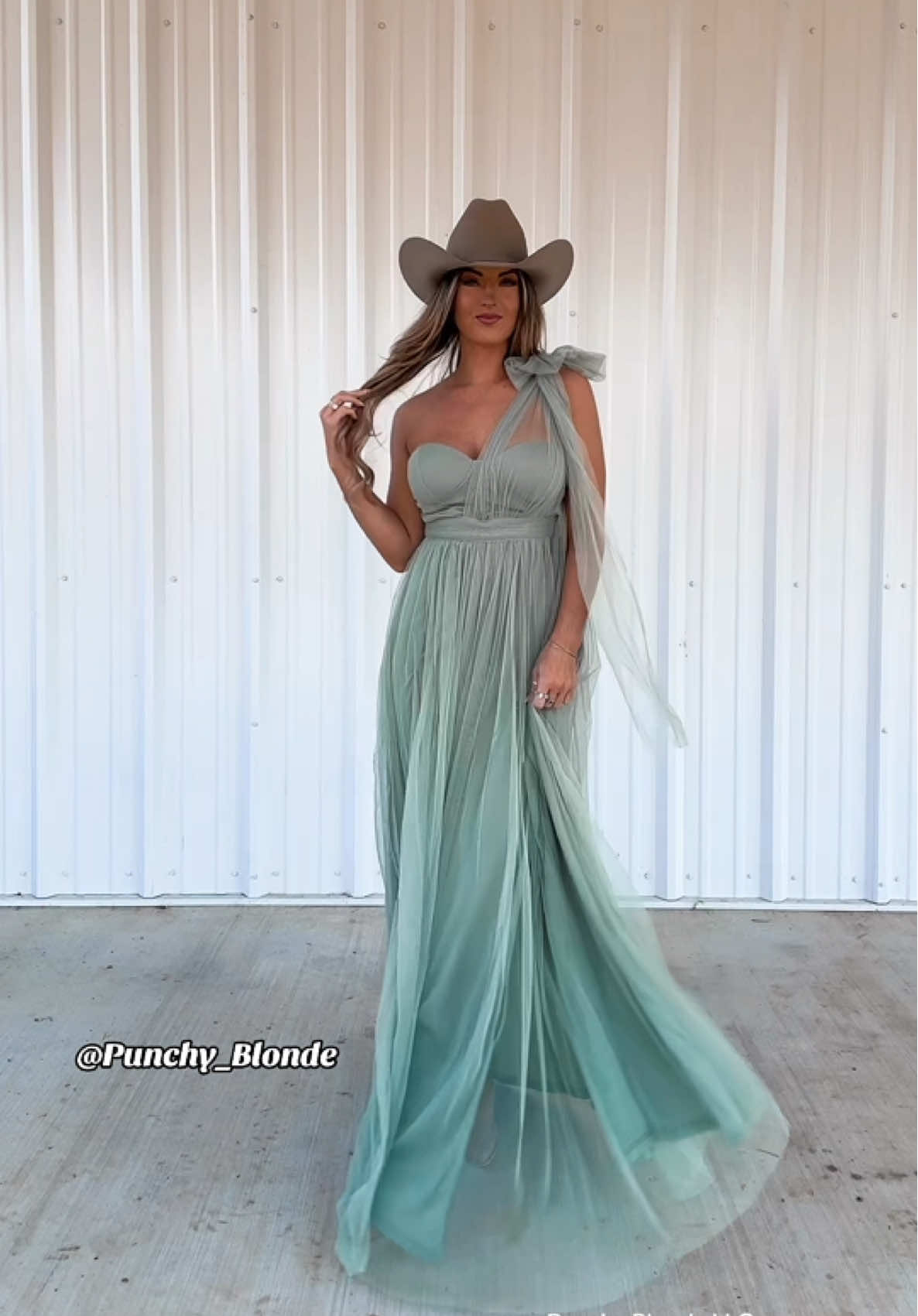 A post by @punchy_blonde on TikTok caption: She’s back🤠 #shoppunchyblonde #bridesmaidsdresses #weddingguestdress #westernfashion #westernwedding 