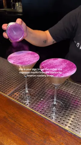 A post by @newyorkbucketlist on TikTok caption: Done and dusted 💜✨ Who needs to try the new Ube Espresso Martinis from Starbucks Reserve Roastery? 🍸  #NYbucketlist #nyc #starbucksreserve #ube #espressomartini #nycdrinks 