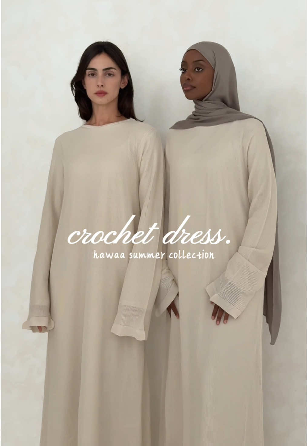 A post by @hawaa_clothing on TikTok caption: Keep it casual or dress it up, we've designed the perfect dress for your summer ☀️🤍 Search 'Lined Crochet Abaya Dress'. #hawaa #hawaagirlies #modestclothing 