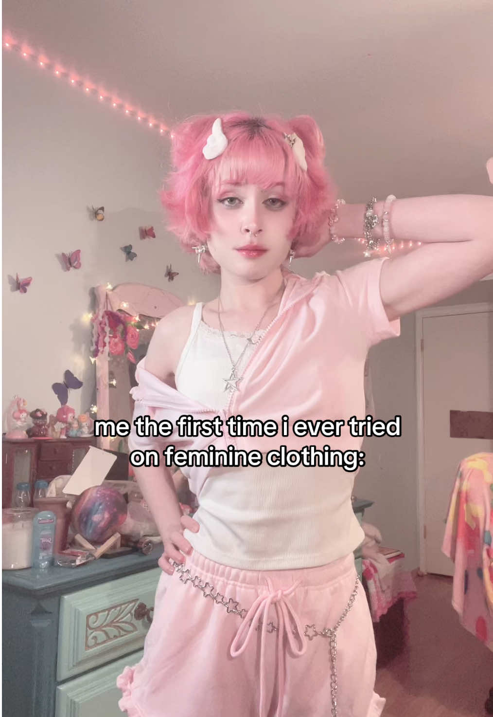 A post by @strawbabyboy on TikTok caption: my name is pink and i’m really glad to meet you 😫 #femboy #fyp #femboytiktok #pink #kawaii #strawberry #fypシ #femboyfriday 