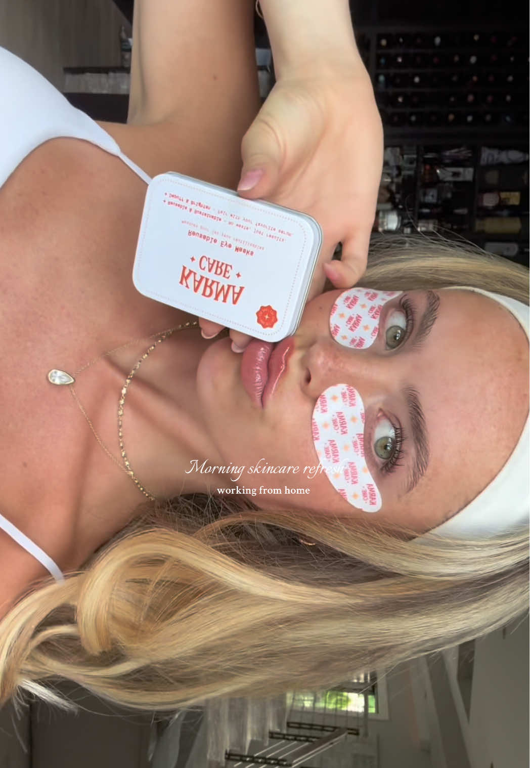 A post by @julia_lesniak on TikTok caption: New eyepatches from @Karma Care Skin keeping me hydrated! Reusable eye patches for the win 🧡 #skin #skincare #eyepatch #morningroutine #mornings 