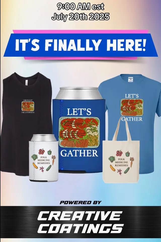 A post by @folkmedicineremedies on TikTok caption: Officially launching at 9am 7/20/2025 the beginning of my little merch line! With the help of creative coatings and the owner Jen, we have got everything up and ready for you all! As always I’m so thankful for all your love and support and adore you so much! Come hang with my on live for a little this morning and tell me what you think and  if you purchased something ❤️ #merchdrop #fyp #antipasto #launch #summervibes #creativecoatings