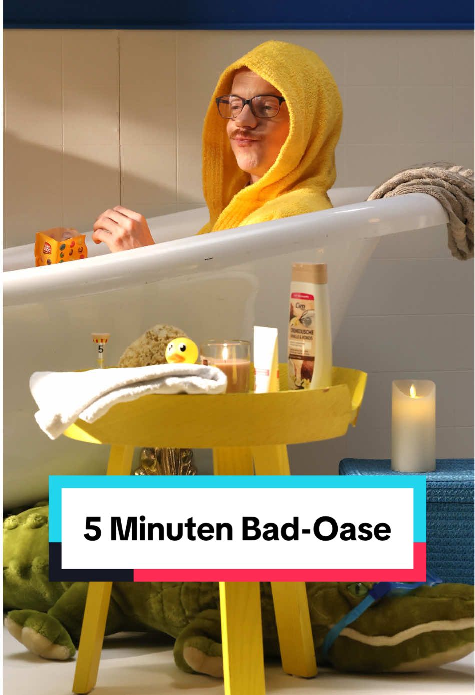 A post by @ on TikTok caption: 5 Minuten Selfcare Time? Martin weiß, wie man sie optimal nutzt. 🤭 Was erledigt ihr alles, sobald der Timer läuft? 👀👇 #lidllohntsich #lohntsich #SelfCare #eltern