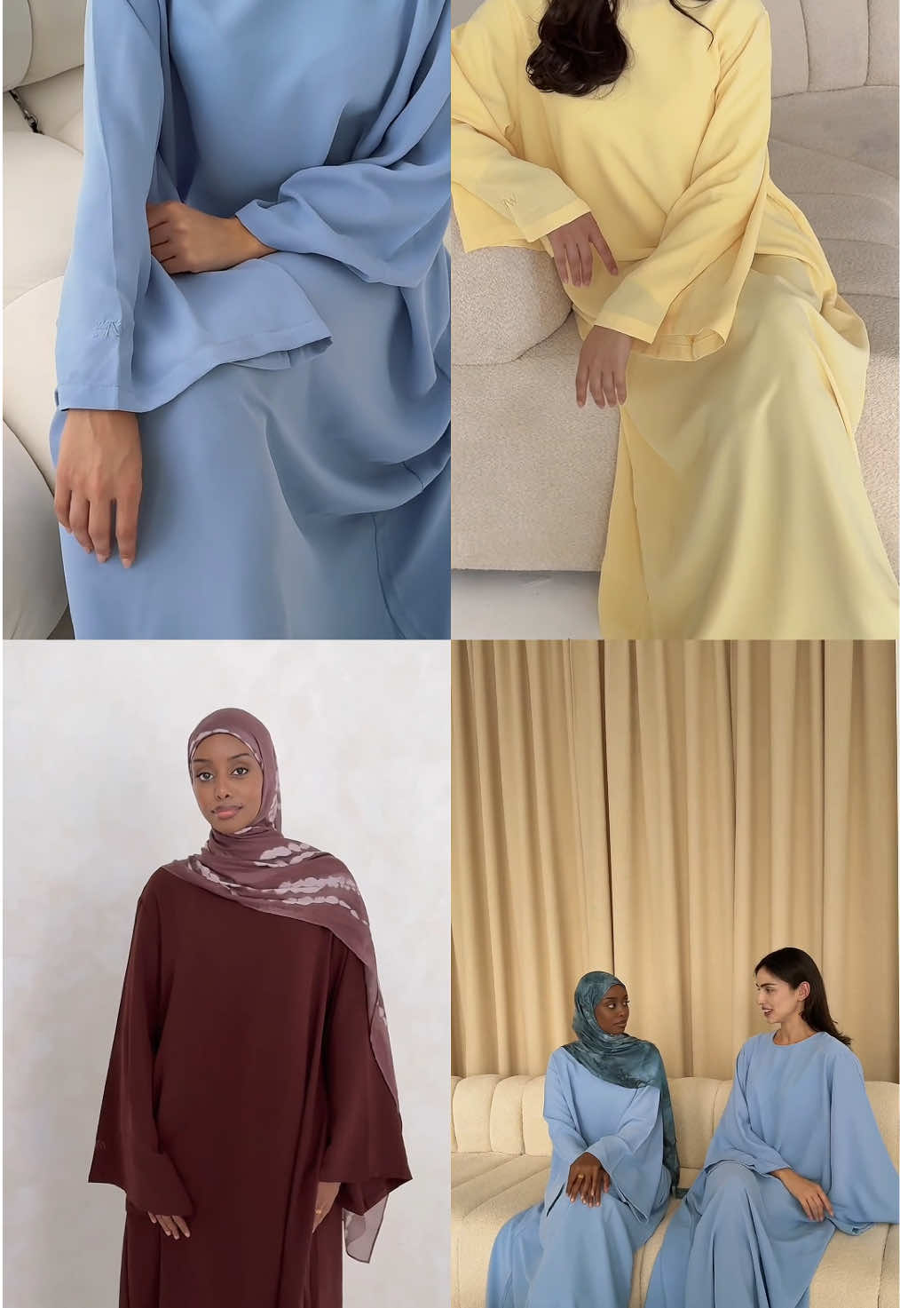 A post by @hawaa_clothing on TikTok caption: The 'Spanish Sleeve Abaya', now in three dreamy new shades: Espresso, Pastel Blue and Butter Yellow ☕🩵🧈 #hawaa #hawaagirlies #modestclothing 