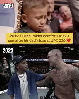 A post by @espnmma on TikTok caption: Full circle moment as #MaxHolloway’s son, Rush, congratulated #DustinPoirier in the cage ❤️🥹