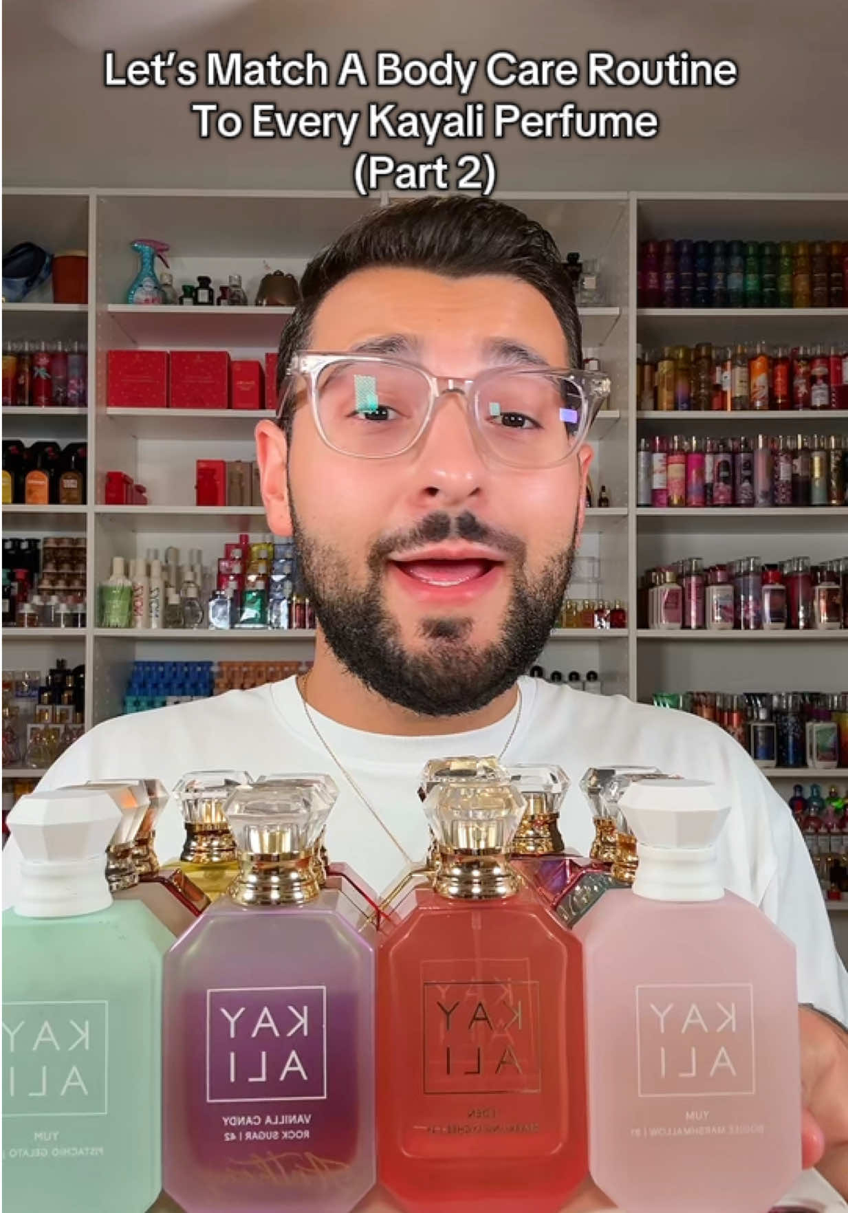 A post by @paulreactss on TikTok caption: @Paul | Fragrance Influencer lets match a body care routine to every kayali perfume part 2 #kayali #kayaliperfume #kayaliyumpistachiogelato #kayalivanilla #vanilla28 #yumpistachiogelato33 #kayaliedenjuicyapple #kayalivanillacandyrocksugar #eosbodylotion #eos #bathandbodyworks #soldejaneiro #bodycare #showerroutine 