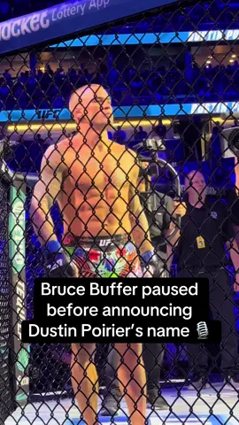 A post by @espnmma on TikTok caption: #BruceBuffer’s final time announcing #DustinPoirier was special 🗣️ #UFC #mma #ufc318 