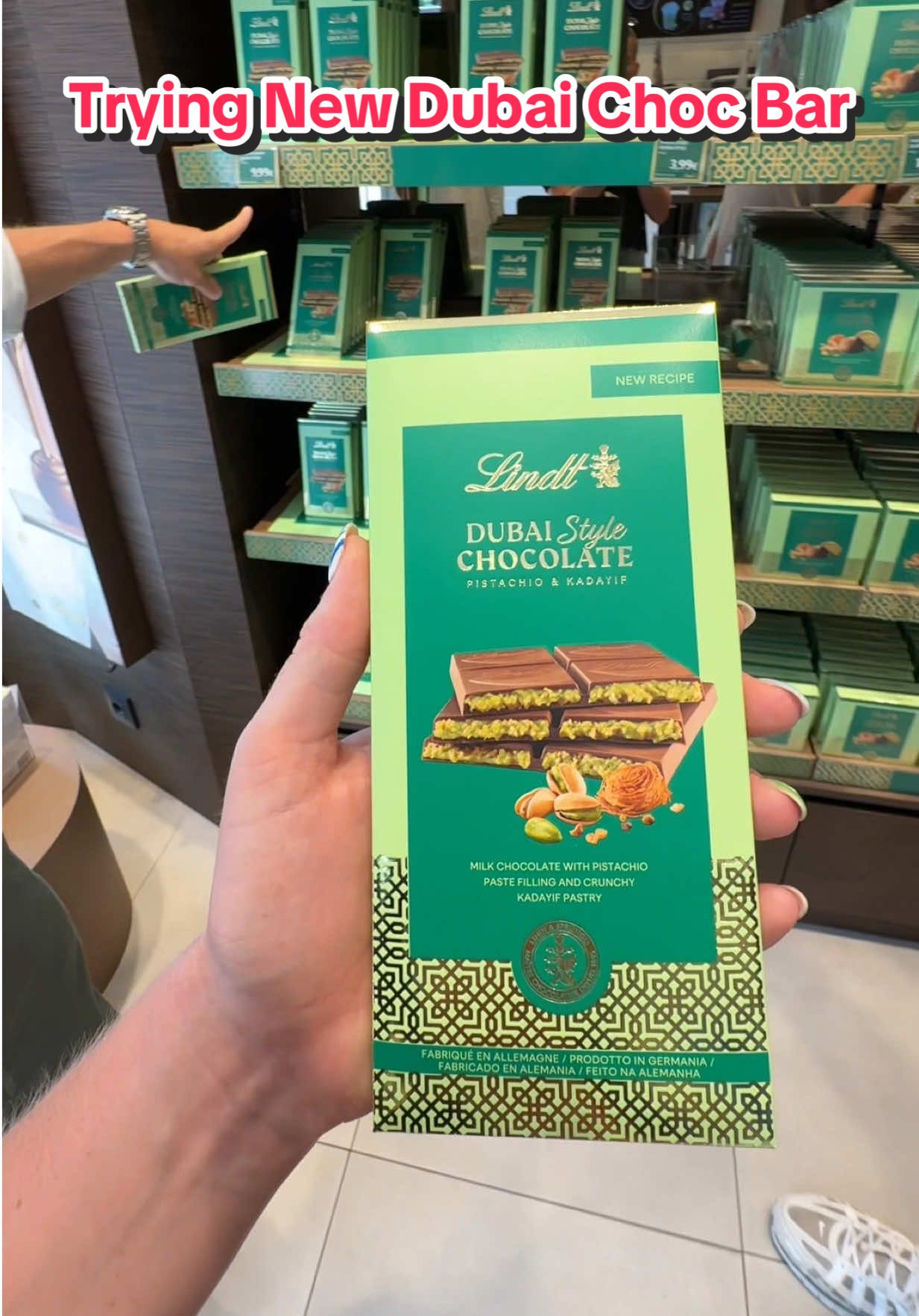 A post by @kaylee_brice on TikTok caption: I need to stock up before I go home‼️ #dubaichocolate #lindtdubaichocolate #eurosummer #madrideats #lindtchocolate 