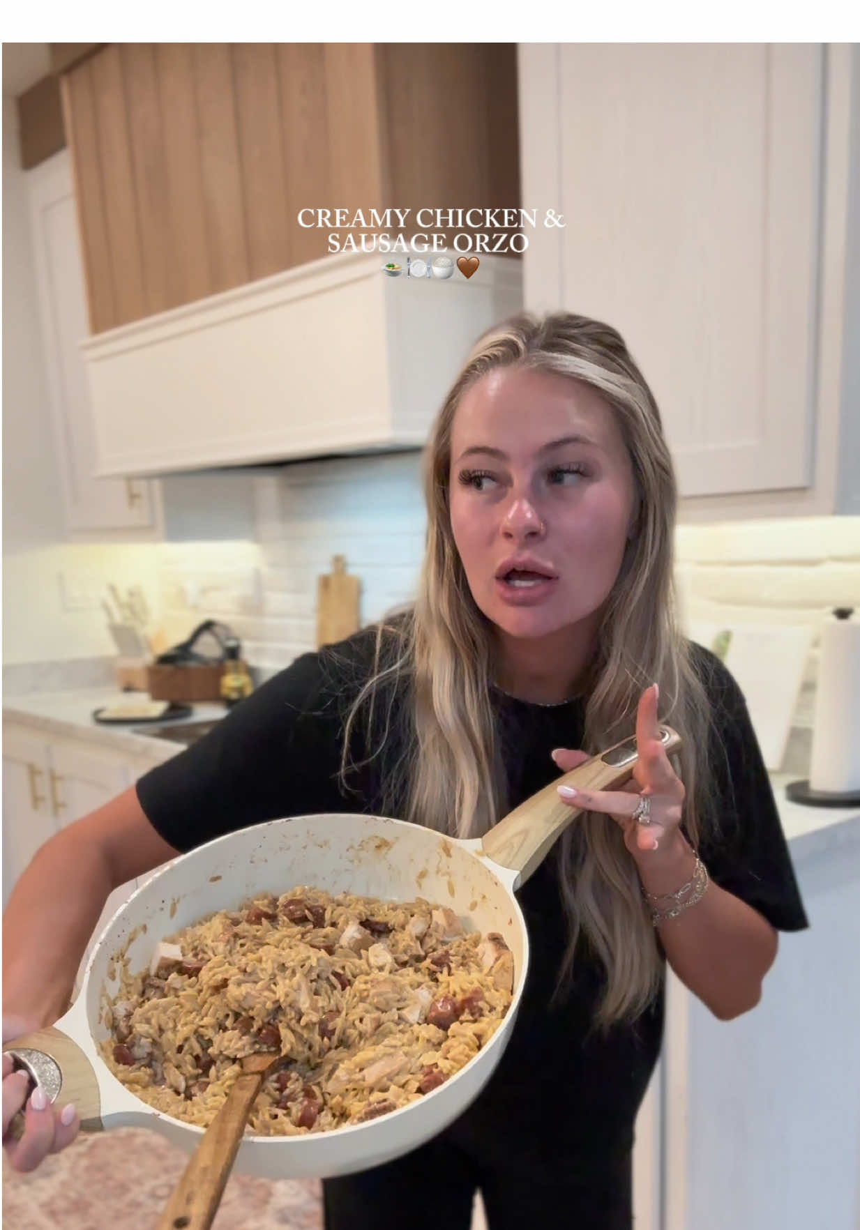 A post by @kylieapitts on TikTok caption: This was my first time making this and it was SO GOOD!! #supper #cooking #chickensausageorzo 