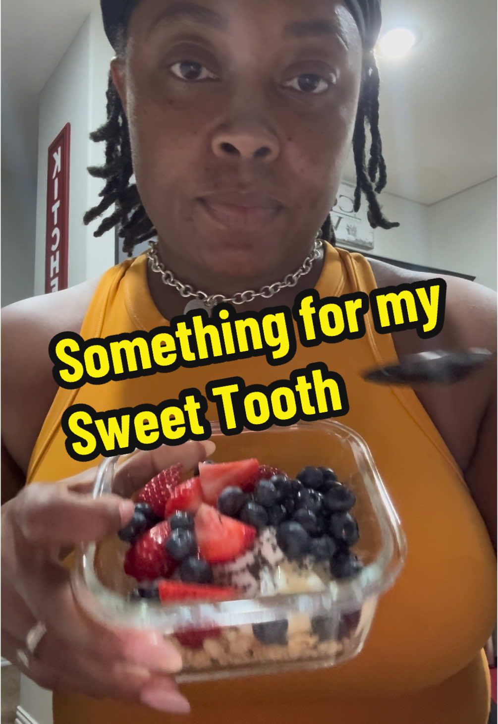 A post by @fit_pebbles_ on TikTok caption: I was craving something sweet! I really wanted peach cobbler! But my back to big so I settled for yogurt instead! #fyppppppppppppppppppppppp #fypage #fit #fitover40 #Fitness #lifestyle #fit #creatorsearchinsights 