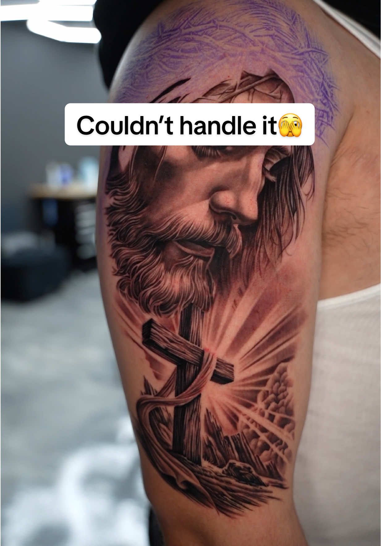 A post by @scm_ink on TikTok caption: No he doesn’t do that… text (845)385-2316 to book your next tat with me #fyp #foryoupage #tattooartist #tatted #tattoos #tattooideas #viral #tattoo #jesustattoo #jesus 