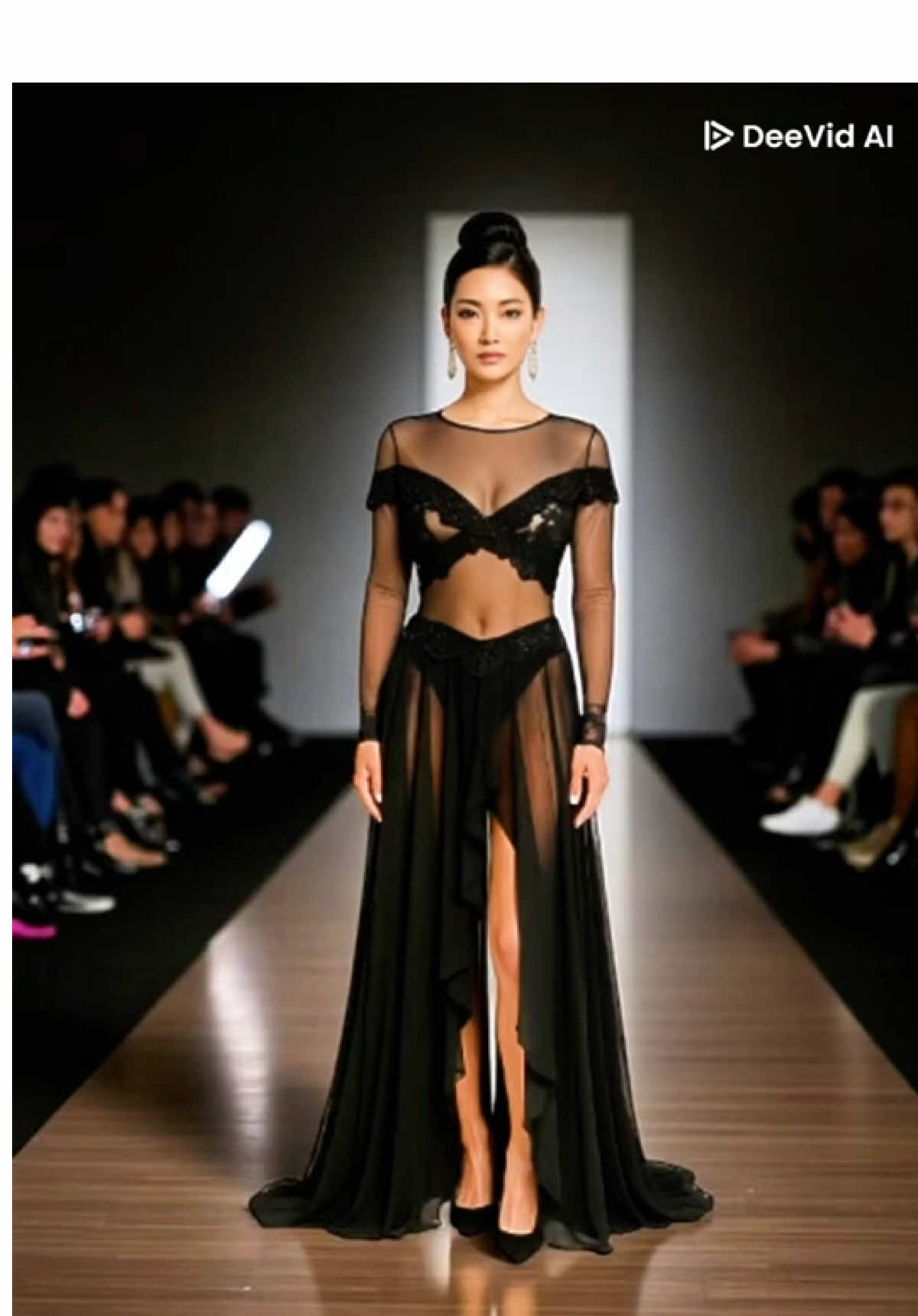A post by @erikschaix on TikTok caption: A sculptural silhouette that enhances the figure through a sheer tulle bodice adorned with richly embroidered black lace. The sweetheart neckline is complemented by long lace sleeves and sophisticated sheer panels across the bust and sides. The flowing chiffon skirt opens at the center in a cascading drape, elegantly revealing the legs. Scalloped detailing at the waist and along the slit echoes the lace motifs. The overall look is both sensual and refined — ideal for a gala evening or red carpet appearance.#paris #fashiondesigner #workshop #couture #fashion #unique 