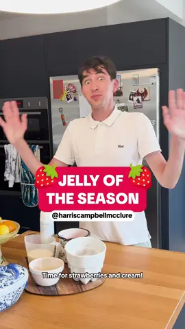 A post by @tiktok_uk on TikTok caption: JELLY OF THE SEASON: We got @HarrisCampbellMcClure to make us the ultimate Jelly of the season for summer ☀️🍓 #jelly #strawberry #stawberriesandcream #jello #dessert #pudding 
