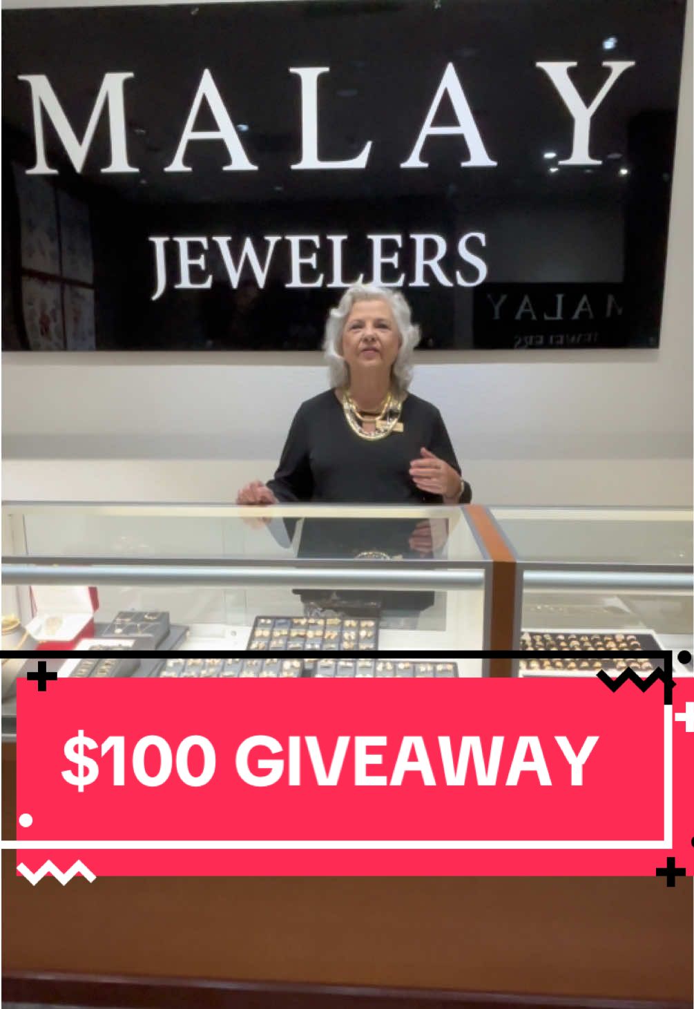 A post by @malayjewelers on TikTok caption: Want a chance to win $100 via cashapp?  Comment down below how many GRAMS Ms. Linda has hanging on her neck! Closest guess will be a winner!! #free #raleigh #giveaway 