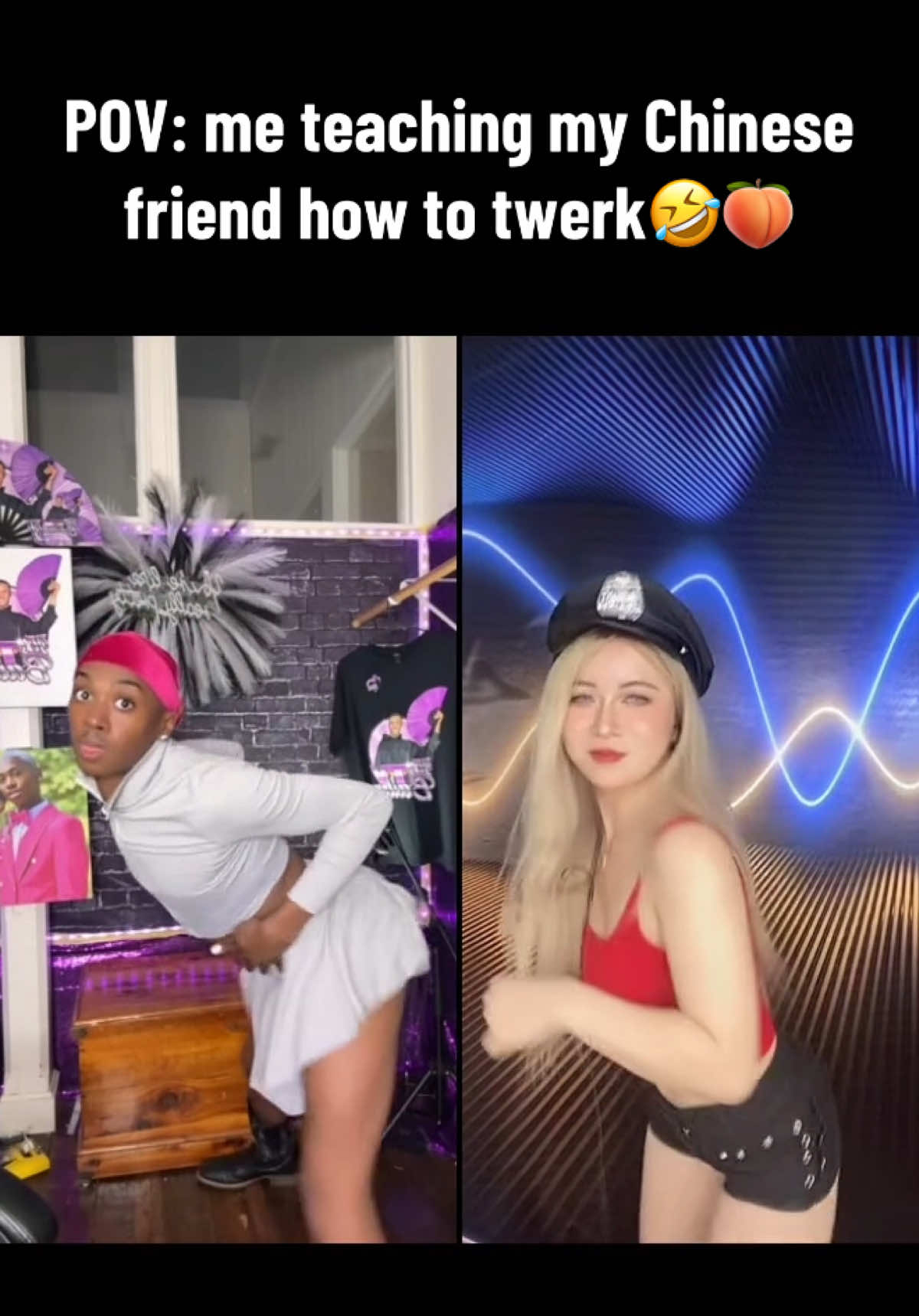 A post by @itstybailey on TikTok caption: POV: me teaching my Chinese friend how to twerk🤣🍑  (how did she do😂???) 🎥Featuring: @✨Stellar✨   #ItsTyBailey #trending #viral #fyp #twerk #friends #chinese #tiltoklive #funnyvideos 