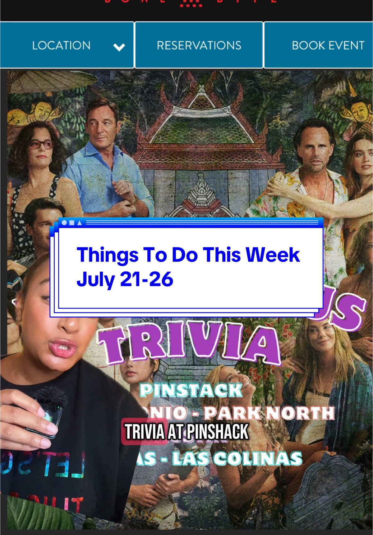 A post by @theunofficialtourguide on TikTok caption: Things To Do This Week In San Antonio July 21- 26 💫 All Week: SA Film Festival film lovers, and our audiences include press, filmmakers, industry leaders & die-hard fans! 💫 Everyday Made Easy Camp @Central Market 3 days Campers will learn the importance of everyday culinary skills such as proper measuring technique, the “why” behind following a recipe 💫 Wednesday White Lotus Trivia at Pinstack @pinstack  💫 Everyday Happy Hour: 2pm-5pm Ostra, located at Mokara Hotel & Spa is offering Tapas & Tequila #thingstodothisweekend #sanantonioweekend #txsanantonio #sanantoniohiddengems #sanantoniospots #sanantoniothingstodo #summerinsanantonio    