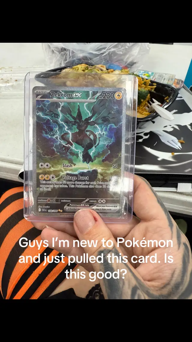 A post by @skylarcalico on TikTok caption: I pulled this card opening booster packs, everyone around me freaked out and they made me put it into a top loader immediately. Is this a good card? #pokemon #pokemontcg #pokemontcgcommunity #rarecard #tcg #pokemoncards #zekrom 