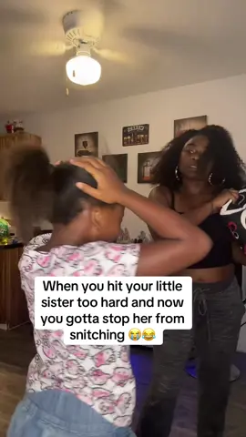 A post by @ on TikTok caption: But if she hit me I gotta “take it” (I don’t) 😭🤣 #fyp #Siblings #viral #sister #trending 