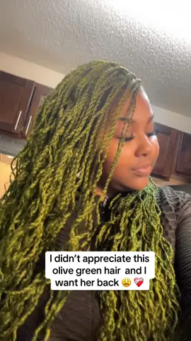 A post by @taylorbnice on TikTok caption: now that I’m looking in my camera roll, I miss her  🫒##olivegreen##olivegreenhair##hair##twist##backtoschoolhairstyles 