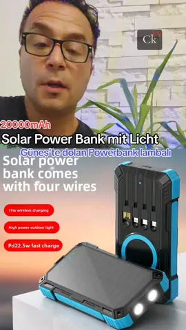 A post by @kemalcanpolattv on TikTok caption: Outdoor wasserdichte kabellose Schnelles Laden Solar Powerbank 20000mAh mit Kabel und Beleuchtungsfunktion / Günes enerjisi ile dolan hizli sarj eden cesitli kablo sarj uclari ve lamba feneri olan Powerbank güclü ve suya dayanikli heryerde kullanabilirsiniz #powerbank #solarpowerbank #20000amh #schnellladen #handyladen #usbladegerät #sarjcihazı #telefonsarj #günesenerjisi #camping #travel #urlaub 