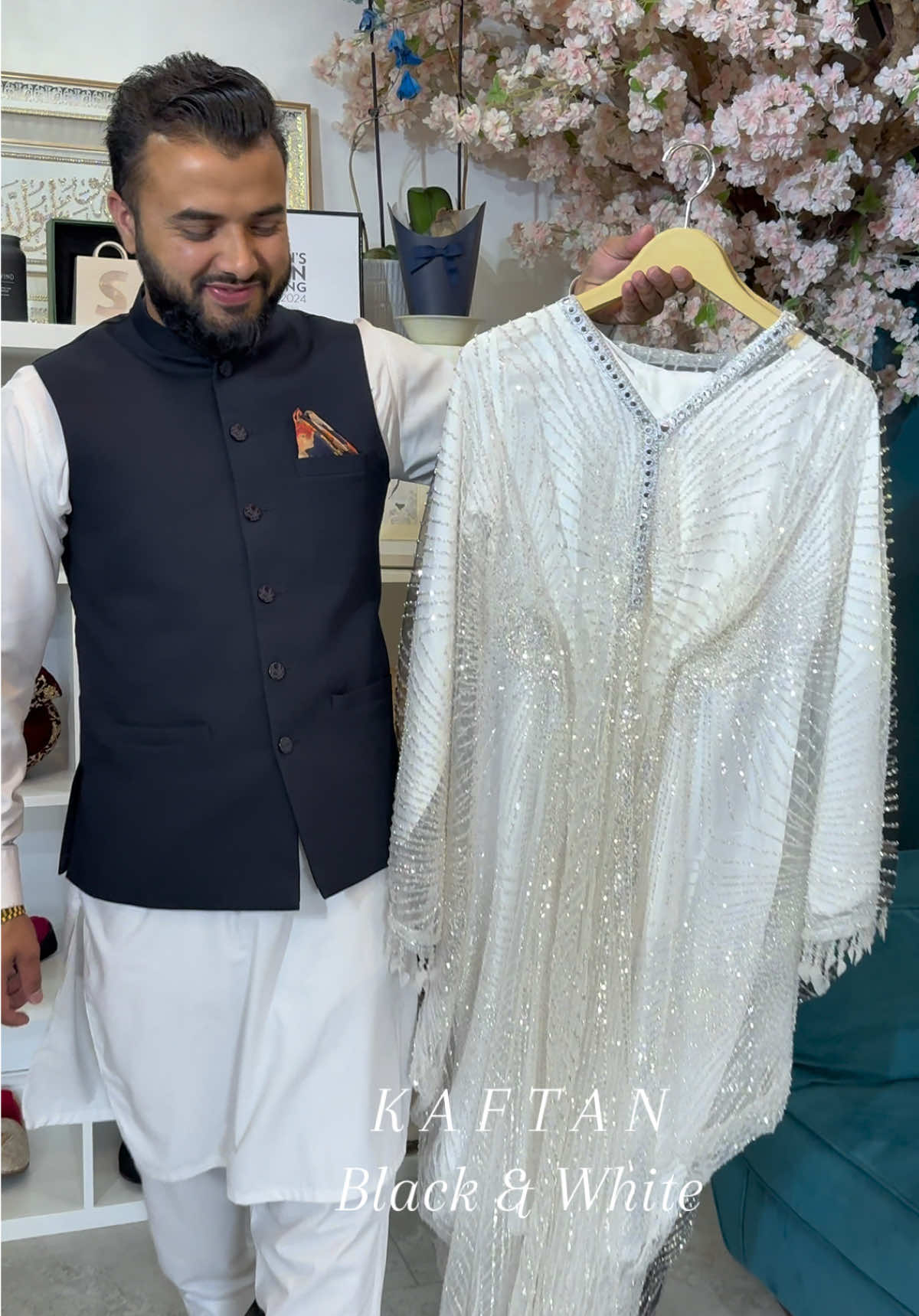 A post by @memsaabofficial on TikTok caption: Readymade Black & White Fancy Kaftans 😍 Design code : SMN-102 #memsaabofficial #memsaabonline #kaftan #kaftandress #blackandwhite #bestforyou #shopnow #pakistani 