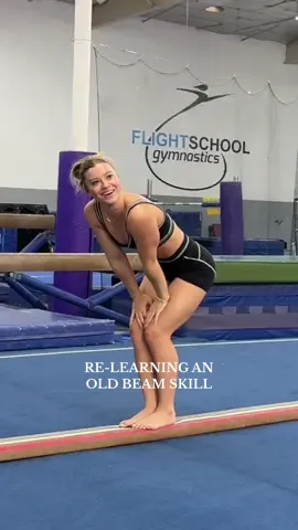 A post by @graciekramer8 on TikTok caption: RE-LEARNING AN OLD BEAM SKILL🤸🏼 Still shocked my body remembered how to do this🤭 #beam #training #Vlog #fail #process #gymnastics #gym #flip 