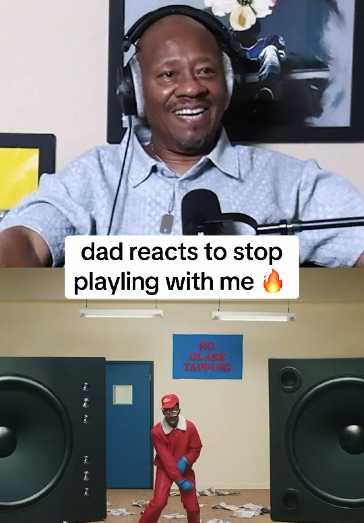 A post by @bridgingthegapyt on TikTok caption: Dad reacts to Tyler the Creator - Stop Playing With Me 🔥  #bridgingthegap #tylerthecreator #donttaptheglass 
