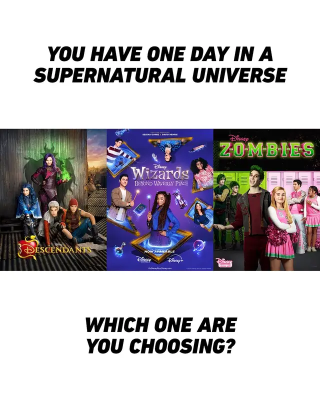 A post by @disneychannel on TikTok caption: Time to make your decision 🤔 🎥: Descendants, Wizards Beyond Waverly Place, Zombies