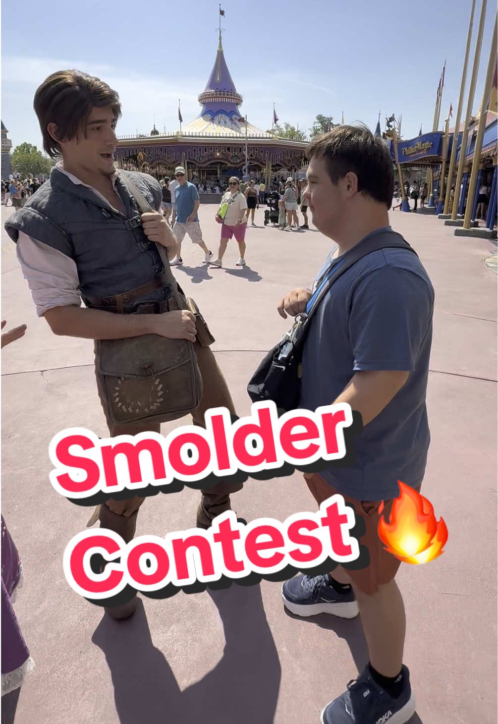 A post by @disneyparks on TikTok caption: Flynn's smolder has some competition 😱 (via @mel) #DisneyWorld #FlynnRider #Rapunzel 