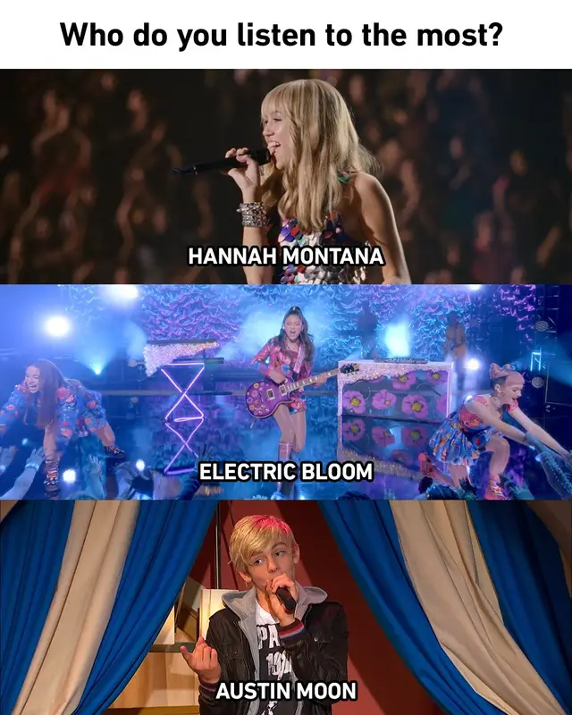 A post by @disneychannel on TikTok caption: Me: all of the above 🎥: Electric Bloom, Hannah Montana, Austin & Ally