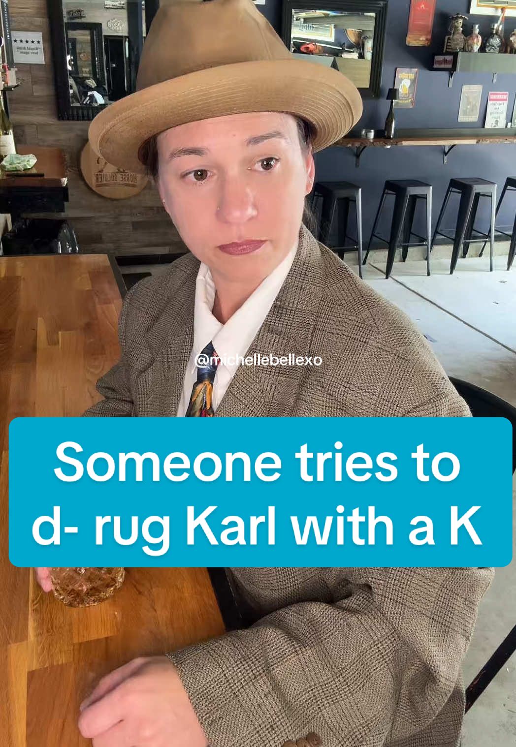 A post by @michellebellexo on TikTok caption: I couldn’t leave Karl with a K out for how he would react to being targeted as a victim at a bar #faroundanfindout #itsjustaskit #staysafe 