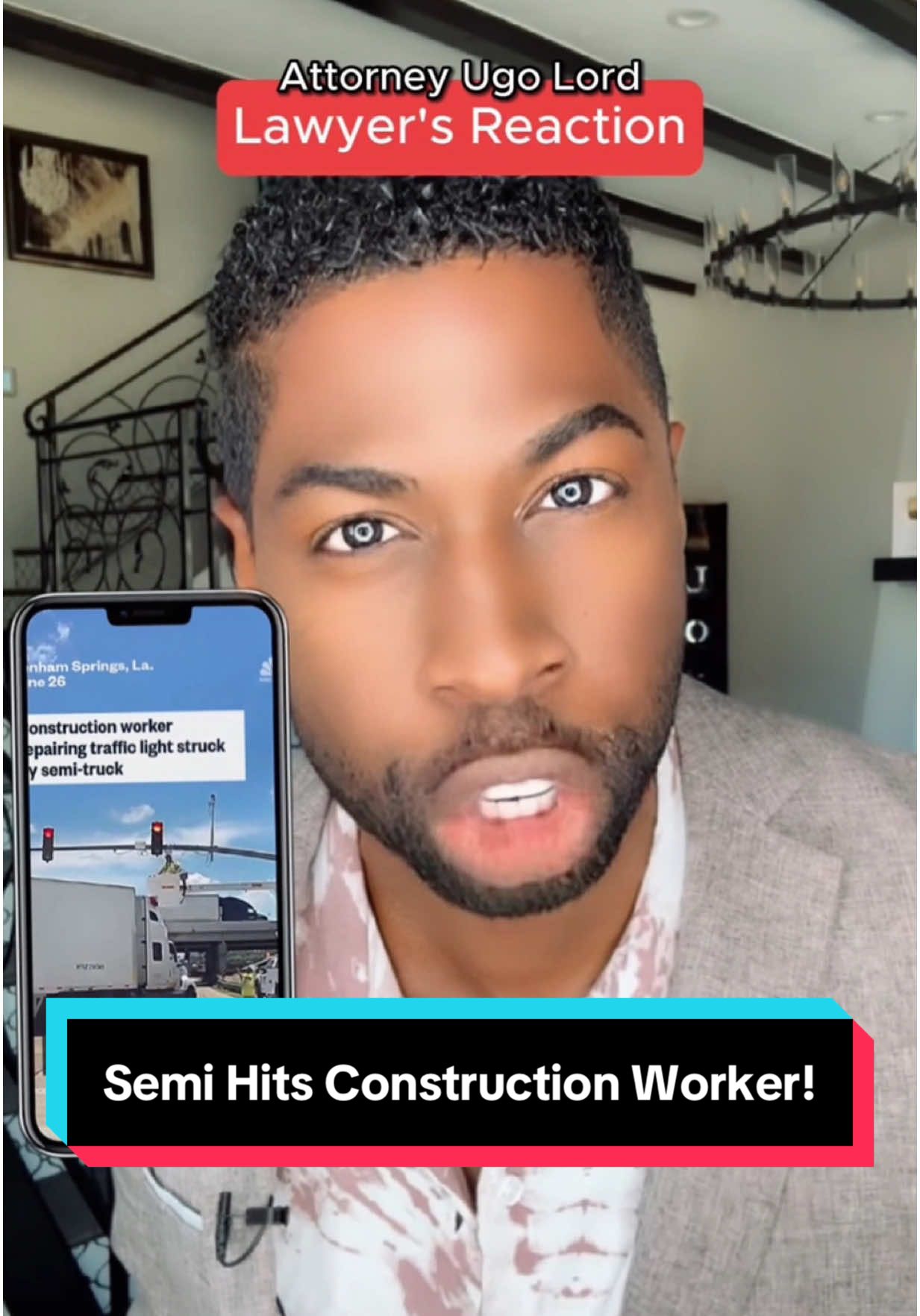 A post by @ugolord on TikTok caption: Replying to @Kissedbyfire Shocking Collision Leaves Utility Worker Dangling! Who Do You Think is Liable? Attorney #UgoLord reacts! #lawyer #TikTokPartner #TikTokLearningCampaign #stitch with  @nbcnews 