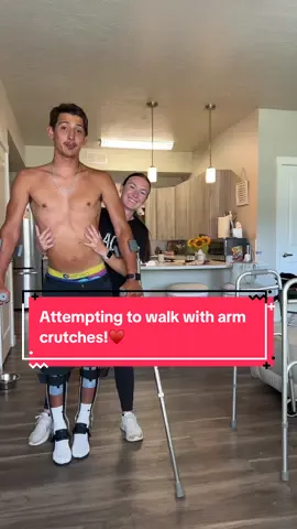 A post by @amberandneven on TikTok caption: Attempting to walk with arm crutches!♥️ #questionoftheday #paralyzed #paraplegic #wheelchair #wheelchairlife #fylpシviralシ #spinalcordinjury #spinalcordinjuryrecovery #spinalcordinjurysurvivor #fiance #engaged #motivation #howto #dirtbike #moto #racing #foryoupage #craighospital @Amber Cogbill @Neven 