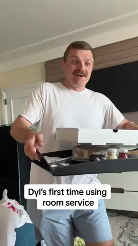 A post by @shelbanddyl on TikTok caption: I definitely caught him cheating on mustard 😳 #shelbanddyl #travel #roomservice #couples #relationships 