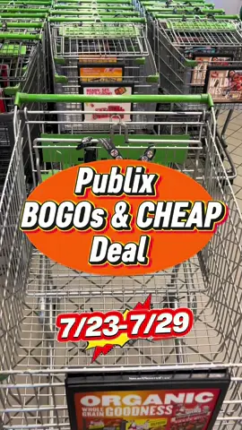 A post by @heyimdee_ on TikTok caption: Publix BOGOs & CHEAP Deals 7/23-7/29 ⭐️SNEAK PEEK⭐️ 👉See previous post for full video!  #publixcouponing #grocerydeals #moneysavingtips #budgetshopping #easycouponing #savingmoneyhack  #creatorsearchinsights 