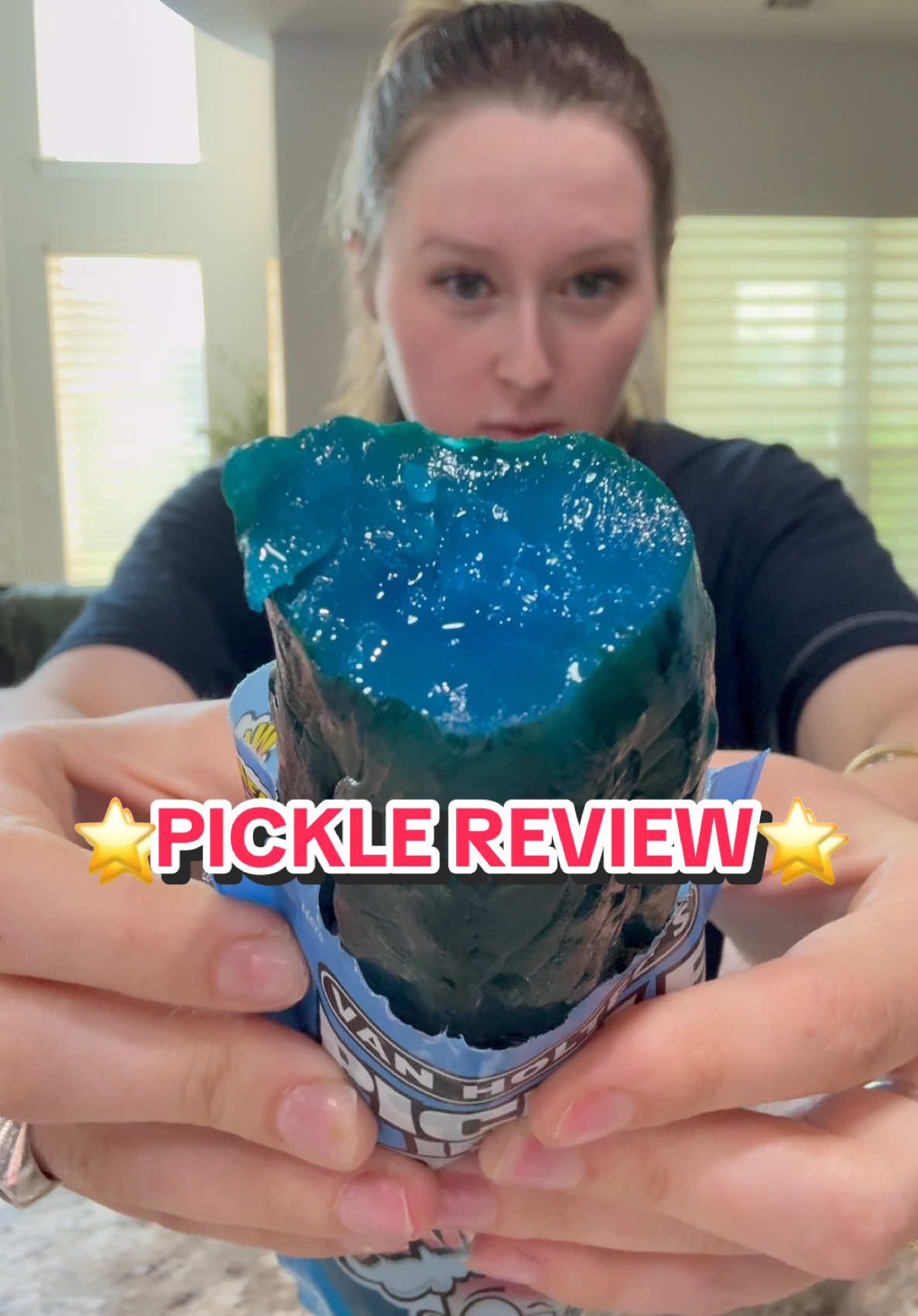A post by @cookiterica on TikTok caption: ⭐️PICKLE REVIEW⭐️ WARHEAD BLUE RASPBERRY EXTREME SOUR PICKLE #warheadscandy #pickle #pickles #foodreview #picklereview 