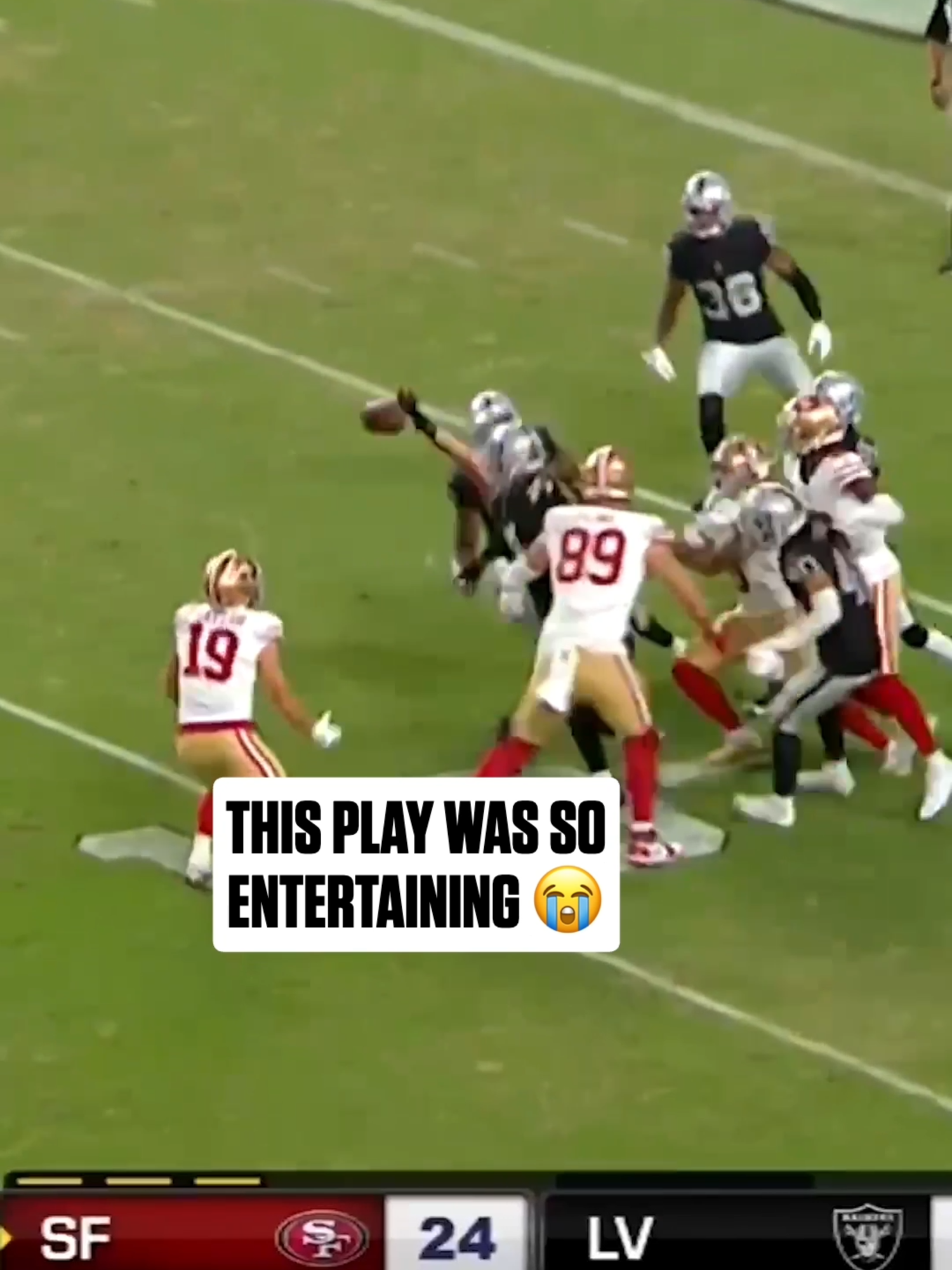 A post by @nfl on TikTok caption: “it’s fumble-rooski time” 😂 #sanfrancisco #49ers #lasvegas #raiders #nfl