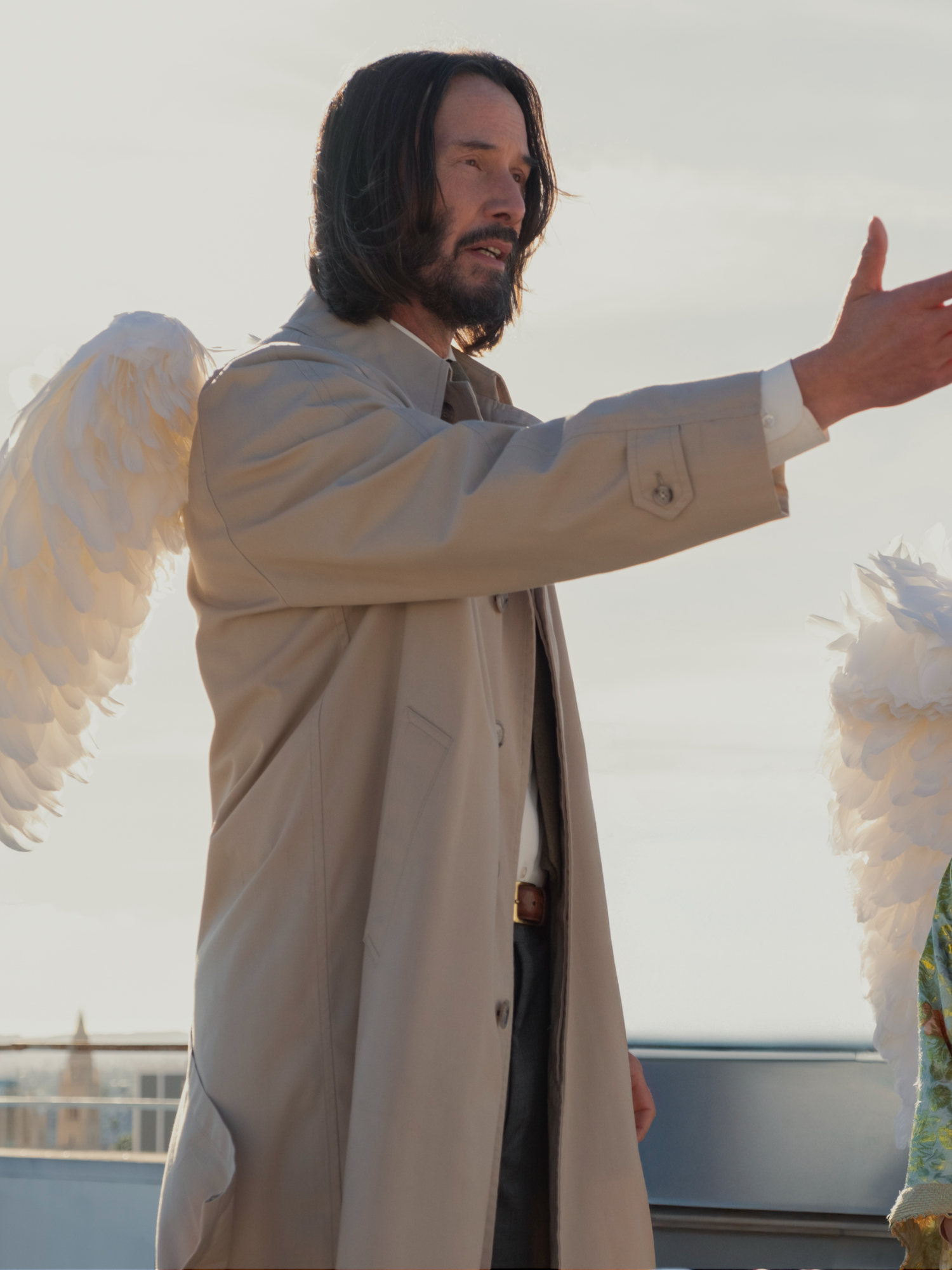 A post by @lionsgate on TikTok caption: He’s an angel. See the wings? #GoodFortune starring Seth Rogen, Aziz Ansari, and Keke Palmer with Sandra Oh and Keanu Reeves - in theaters October 17. #sethrogen #azizansari #kekepalmer #sandraoh #keanureeves #movies #fyp