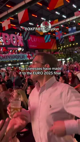 A post by @visitlondon on TikTok caption: The Lionesses have made it to the #WEURO2025 final ⚽️🎊 Here’s how @BOXPARK Croydon celebrated 👏 Where will you be watching the final in London this weekend? [🎥 @boxparkcroydon] #LondonMakesItPossible #VisitLondon #lionesses #WEURO2025 #football #womensfootball #euros #euros2025 #final #london #boxparkcroydon #boxpark #londonlife #londontiktok #londonhotspots #england #englandfootball #itscominghome 