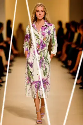 A post by @erikschaix on TikTok caption: Robe chemisier en lin naturel, longueur midi, imprimée de grandes fleurs violettes et vertes façon aquarelle. Coupe droite ceinturée à la taille, manches trois-quarts, col chemise et boutonnage central. Poches latérales discrètes.#paris #fashiondesigner #workshop #couture #mode #shopping 