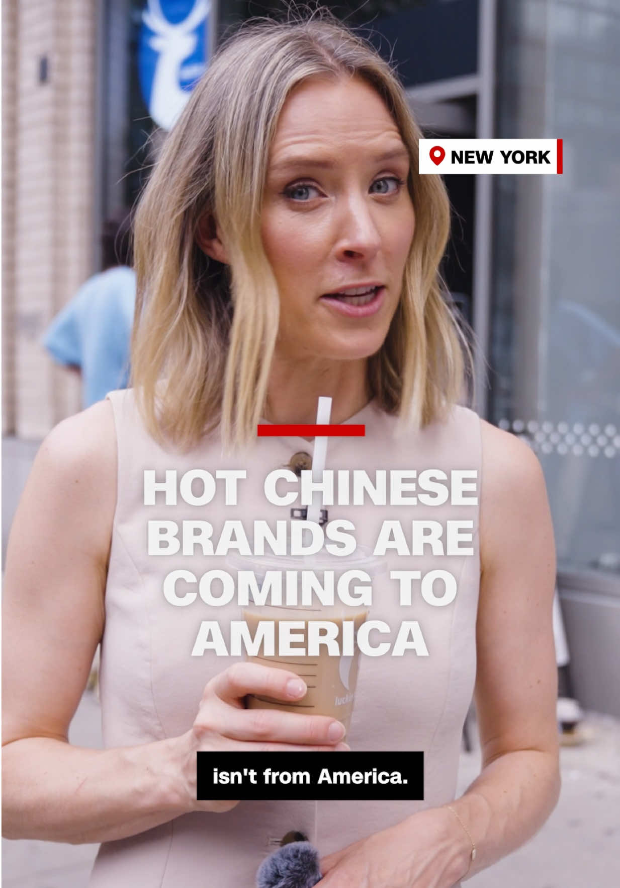 A post by @cnn on TikTok caption: Chinese brands like Luckin Coffee, Pop Mart, and HEYTEA are expanding in the United States, despite the ongoing trade war. CNN’s Vanessa Yurkevich and Marc Stewart report from two different continents on why the companies covet American customers. #cnn #news 