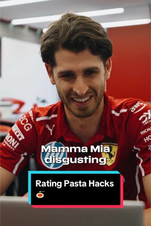 A post by @ferrari on TikTok caption: Crimes against pasta? Antonio Giovinazzi has seen enough 🫣🇮🇹